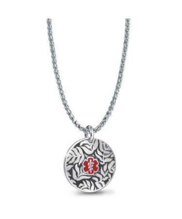 Custom Sterling Silver Medical Alert Necklace with Free Engraving Personalized Emergency Information Flower Pendant Nacklace Medic ID Dog Tag Jewelry for Women Men Girl Boy None Crystal Style 25x25x2mm