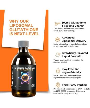 Intelligent Labs Liposomal Glutathione + Vitamin C Advanced Liquid Antioxidant Formula 500 mg Reduced L-Glutathione + 1000 mg Vitamin C per Serving 30 Servings Soy Free - Buy Online on GoSupps.com
