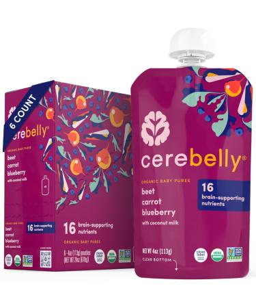 Cerebelly Organic Baby Food Pouches Beet Carrot Blueberry (4 Ounce, 6 Count)  Toddler Snacks - 16 Brain-supporting Nutrients from Superfoods - Healthy Snacks, Gluten-Free, BPA-Free, No Added Sugar