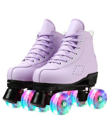 Womens Roller Skates Classic High-top Double-Row Leather Adult Roller Skates Outdoor Four Wheel Double Skates for Girls Unisex Purple flash 40US:8