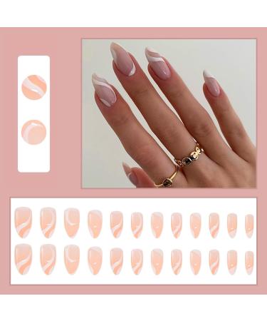 24Pcs Almond French Tips Press on Nails with White Lines Designs - Glossy Short False Nails for Women - DIY Manicure Set - Buy Online on GoSupps.com