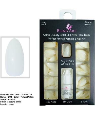 Bling Art False Nails 360 Stiletto Almond Long False Salon Nails Natural White Acrylic Fake Nail Tips with glue - Buy Online on GoSupps.com