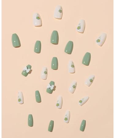 24pcs Green Floral Premium Coffin Fake Nail Green Bow 3D Press on Nails Summer Floral Nails Luxurious Nails Acrylic Nails Fake Nails For Women Girls - Buy Online on GoSupps.com