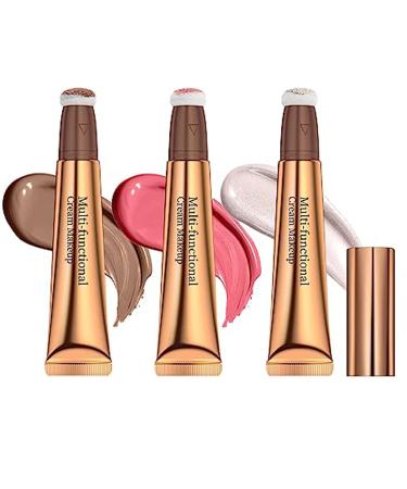 3 Pcs Liquid Contour Beauty Wand Set  Contour & Blush & Highlighter Stick with Cushion Applicator  Attached Easy to Blend  Long Lasting & Smooth Natural Matte Finish (020305)