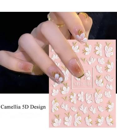 Woration Flower Self-Adhesive Nail Art Sticker Supplies 5D Embossed Exquisite Pattern Acrylic DIY Accessories Nail Decals Decoration White Camellia Flower Design Style C - Buy Online on GoSupps.com
