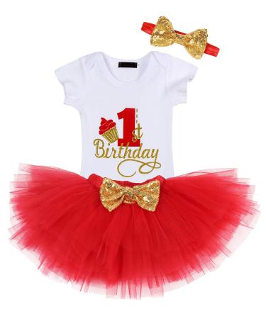 WonderBabe Baby Girls Romper Tulle Tutu Skirt 1st Birthday Short Sleeves Rompers Tops Kids Outfit Clothing Sets B074-red 1 Year