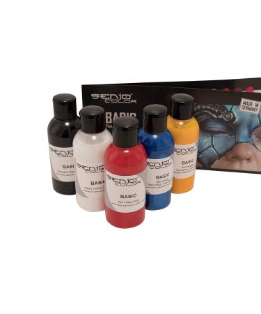 Senjo Color Basic Brush & Airbrush Bodypainting Colors Set - 5 x 75ml for Face & Body - Black White Red Yellow Blue in Suitcase - Buy Online on GoSupps.com