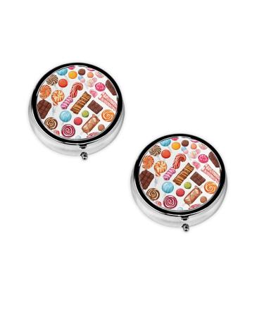 Colorful Sweet Lollipop Cupcake Donut Printed Mini Round Pill Box Pill Box 3 Compartment Medicine Pill Case Pill Organizer Travel Pillbox Portable Pill Box for Pocket Home Office Use