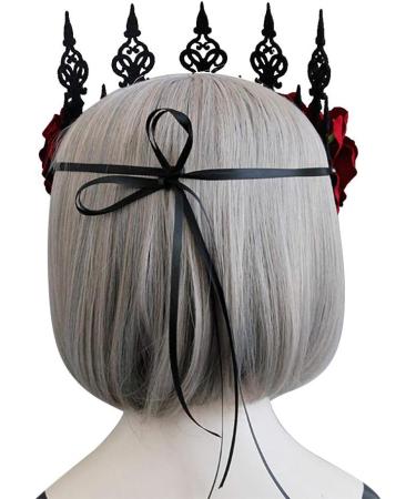 Gothic Floral Crown Headband Bridal Flower Garland Headband Hair Wreath Garland Floral Headpiece with Ribbon Women Girls Flower Tiara Hair Accessories for Wedding Cosplay Halloween Party Photography Wine Red - Buy Online on GoSupps.com