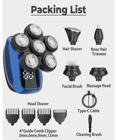 ZORUMAN Head Shaver for Men 5-in-1 Electric Cordless Bald Shaver with LED Display - Waterproof Rotary Hair Shaver for Head, Face & Skin - Wet Dry Use - Blue (7800-BLACK) - Buy Online on GoSupps.com