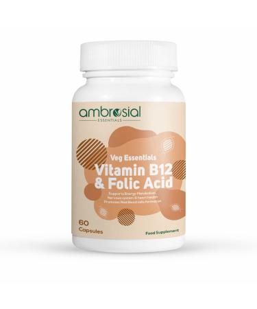 Ambrosial Vitamin B12 1000 mcg + 500 mcg Folic Acid | 1500 mcg | Folic Acid | Reduction of Tiredness & Fatigue | B12 Supplement | Immune System Energy & Brain Support (Pack of 1-60 Capsules) 60 Count (Pack of 1)