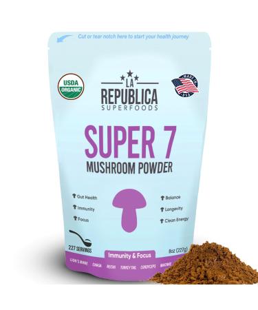LRLA SUPERFOODS La Republica Superfood Super 7 Mushroom Extract Powder Includes Lion's Mane Reishi Chaga Cordyceps Shiitake Maitake and Turkey Tail (8 oz)