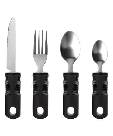 Jetisva Easy Grip Cutlery Set of 4 Black Disability Aids with Knife Fork Spoon Large Wide Handled Arthritis Hands Aids Cutlery Adaptive Eating Drinking Utensils for Disabled People Elderly Parkinson