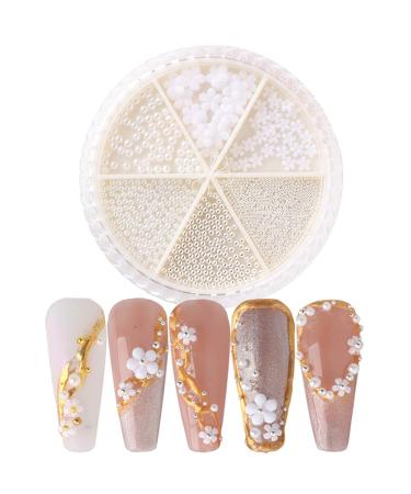 Flower Nail Charms Nail Art Decals 1 Boxes Pearl Glitter Nail Decoration Supplies White Flower Pearl Stainless Steel Ball Design Mix Set DIY Acrylic Nail Art Accessories for Women Girls (#B)