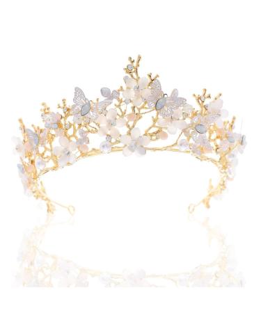 Brishow Crystal Butterfly Wedding Crowns Gold Rhinestone Tiaras Flower Wedding Crowns and Tiara Queen Hair Accessories for Women and Girls Style1