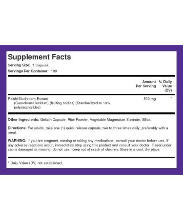 Piping Rock Reishi Mushroom Capsules 500mg - 100 Pills | Standardized Extract | Gluten Free Non-GMO Supplement - Buy Online on GoSupps.com