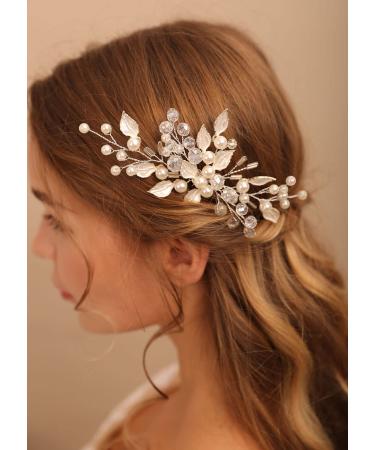 Deniferymakeup Wedding Pearl Hair Comb Silver bridal Leaf Hair Combs Headpiece Vintage Pearl Side Comb Crystal Hair Comb Decorative Hair Accessories for Women and Girls
