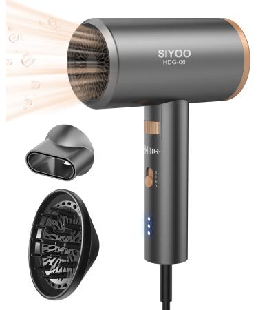 SIYOO Hair Dryer with Diffuser, 1600W Ionic Blow Dryer, Constant Temperature Hair Care Without Hair Damage, Lightweight Portable Travel, Hairdryer, Grey Gold Full Size Grey Gold