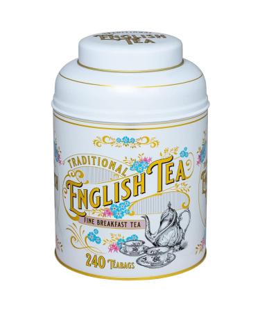 New English Teas Vintage Victorian Ivory Tea Tin with 240 English Breakfast Teabags Large Round Caddy White