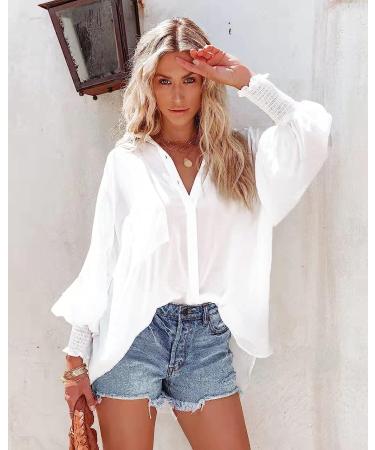 NLBZYDHFC Women's Long Puff Sleeve V-Neck Striped Button Down Shirt - Pure White, XL - Buy Online on GoSupps.com