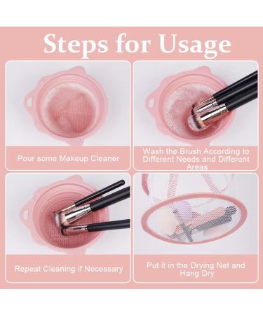 Makeup Brush Cleaning Mat & Hanging Drying Net Set - Pink | Silicone Cleaner Bowl with Mesh Rack | Dry Sponge, Powder Puff & Brushes - Buy Online on GoSupps.com