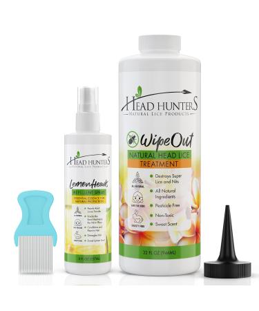 Head Hunters Basic Natural Lice Treatment Extra Strength Family Head Lice Shampoo Kit with Lice Repellent Spray & Lice Comb - Safe Non-Toxic Extremely Effective Hair & Head Lice Treatment Kit 8oz Spray + 32oz WipeOut + Comb Kit