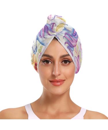 Purple Flowers Unicorn Hair Towel 2 Pack Super Absorbent Hair Drying Towel Quick Dry Hair Turbans Head Towel with Button Twisty Wrap for Women Girls