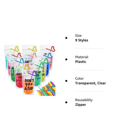 Party Drink Pouches with Straws - 36 Sets, 9 Styles - Plastic Beverage Bags for Adults and Teens - Buy Online on GoSupps.com