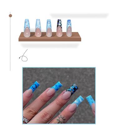Ezpieces Fake Nails: Long Coffin French Acrylic Extra Long French Tip 24PCS Set - Blue Lover | Press On Nails with Glue for Women, Daily & Party Wear - Buy Online on GoSupps.com