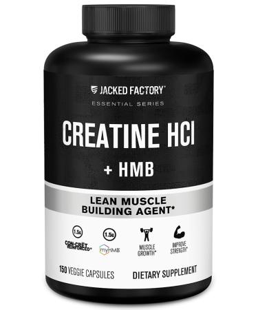 Jacked Factory Creatine HCL + HMB Capsules - Synergistic CON-CRET myHMB & Vitamin D Formula for Improved Growth Strength & Reduced Muscle Breakdown - 150 Capsules
