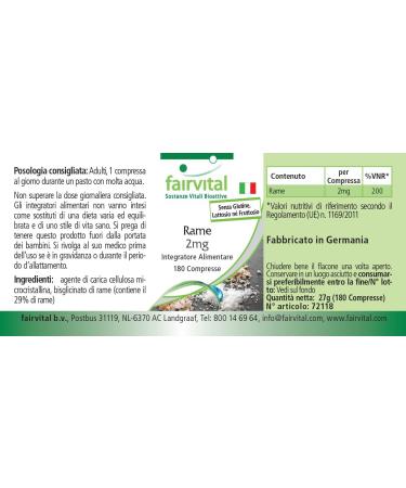 Fairvital | Cuivre 2 mg - 180 comprim s - Bisglycinate de cuivre - qualit contr l e et hautement dos - 100% v g talien - Fabriqu en Allemagne - Buy Online on GoSupps.com