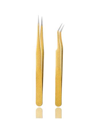 Tvoip 2 Pcs Gold Stainless Steel Tweezers for Eyelash Extensions  Straight and Curved Tip Tweezers Nippers  False Lash Application Tools