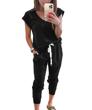 PRETTYGARDEN Women's Two Piece Tracksuit V Neck Short Sleeve Tops Long Pants With Drawstring Outfits Jogger Sets Black Large