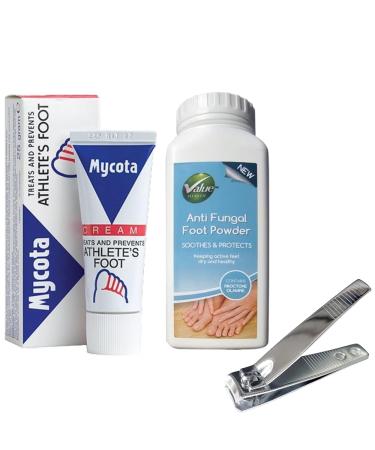 Athletes Foot Treatment Antifungal Cream & Powder Foot Care Bundle Includes Mycota Athletes Foot Cream 25G & Value Health Antifungal Athletes Foot Powder 75G Plus Nail Clippers
