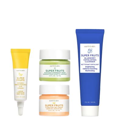 Earth To Skin Super Fruits Starter Set: Blueberry Exfoliating Cleanser (1.0 Fl Oz) Citrus Day Gel Cream (0.5 Fl Oz) Avocado Overnight Mask (0.5 Fl Oz) and Banana Brightening Eye Cream (0.23 Fl Oz)