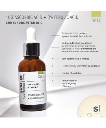 Skin Functional Anhydrous Vitamin C Serum 10% Ascorbic Acid + 3% Ferulic Acid Anti-Ageing Antioxidant & Anti-Pigmentation Powerful Skin Brightening 30 ml - Buy Online on GoSupps.com