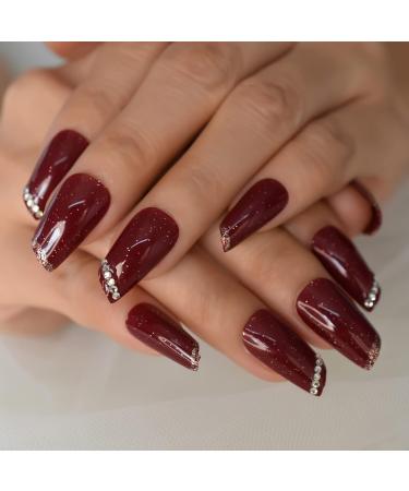 Burgundy Galaxy Glitter Shiny Medium Length Fake Nails Set - 24 Rhinestone DIY Nail Art Tips - Buy Online on GoSupps.com