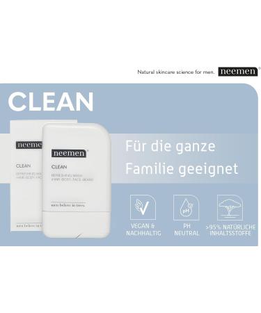 CLEAN Shampooing 4 en 1 pour cheveux corps visage et barbe Nettoyant multifonctionnel pour homme avec extrait de neem pr biotiques et figue de Barbarie Hydratant apaisant fortifiant et - Buy Online on GoSupps.com