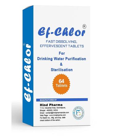 Ef-Chlor Water Purification 64 Tablets - 400mg Portable Drinking Water Purification & Sterilization Tablet Ideal for Emergencies Survival Purifies 26.4 Gallons - 39.62 Gallons in 1 Tablet