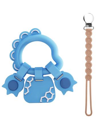 Viyuse Teething Toy Ring  Dinosaur Teether Rings Toys for Infant & Baby Easy to Hold 100% Silicone Teethers Relief Soothe Babies Gums and Pacifier Clip Set for Newborn Blue