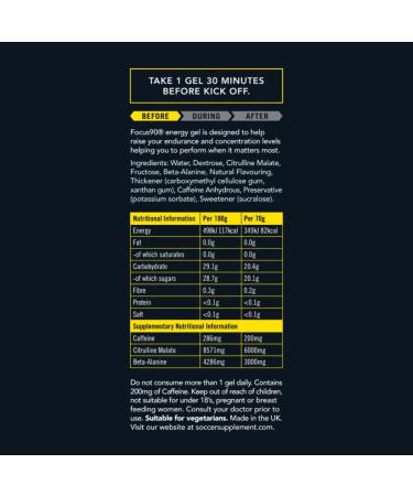 Focus90 Lemon Caffeine Energy Gels (12 x 70g) - 200mg Caffeine Per Serving Quick Release Pre-Workout Gel by Soccer Supplement Informed Sport Tested - Buy Online on GoSupps.com