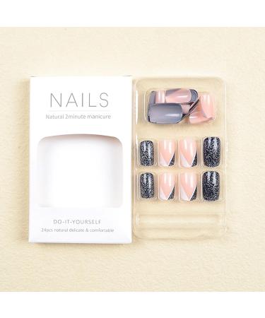 24Pcs Short Press On Nails: Square Shaped Black White V-Shaped French Tip False Nails with Silver Glitters - Glossy Acrylic Nails for Women and Girls - Buy Online on GoSupps.com