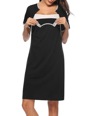 Sykooria Women's Maternity Nursing Nightdress - Short Sleeve V Neck Nightgown in Black - Soft Sleep Shirt for Pregnant Women - Buy Online on GoSupps.com