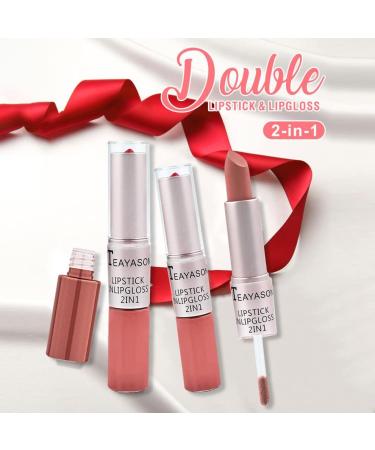  Hikaka 2 in 1 Matte Velvet Satin Lipstick & Gloss Set Double Headed Matte Finish Non-stick Cup No Fade Nude Color Long Lasting Waterproof Lip Gloss (B) - Buy Online on GoSupps.com