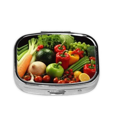 Fresh Vegetables Fruits Printing 2 Compartment Small Pill Case Cute Small Pill Box Purse Pill Boxs Travel Pill Organizer for Pocket Purse and Travel Gifts