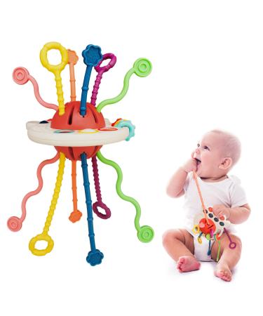 Pull String Baby Toys 6 to 12 Months, Montessori Toys for 1 Year Old, Food Grade Silicone Sensory Teething Pulling Toys, Fun Travel Car Seat Airplane Toys for Toddler Boys & Girls Infant Birthday Gift Round Octopus