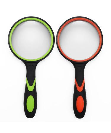 2 Pack 75mm 10X Handheld Magnifying Glass Shatterproof Reading Magnifier for Seniors and Kids Real Glass Magnifying Lens with Non-Slip Rubber Handle for Reading Hobbies and Science (Orange+Green)