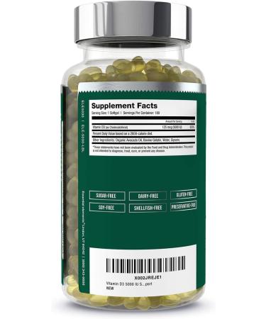 Vitamin D3 5000 IU Softgels with Organic Avocado Oil - 180 Count - Bone, Muscle & Immune Support - Buy Online on GoSupps.com