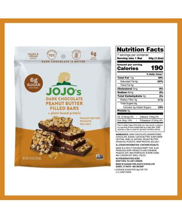 JOJO's Dark Chocolate Bars with Plant Based Protein | Low Sugar, Low Carb, Vegan, Paleo & Keto Friendly | Healthy Snack | Peanut Butter Delight 7 Count - 8.4oz Bag - Buy Online on GoSupps.com