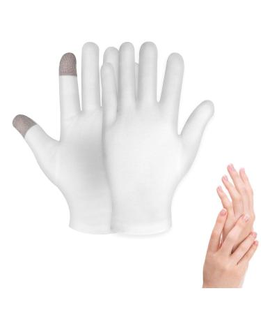 1 Pair Moisturizing Gloves Touch Screen Function | Over Night Bedtime White Cotton | Cosmetic Inspection Premium Cloth Quality | Eczema Dry Sensitive Irritated Skin Spa Therapy| One Size Fits Most